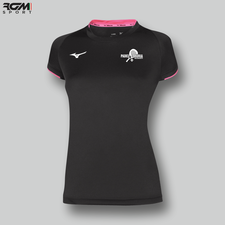 Mizuno Completo Match Donna (T-Shirt Donna Core Short Sleeve Tee Nero-Rosa + Minigonna Hex Rect Skort Nera) – Padel Etruria - immagine 2